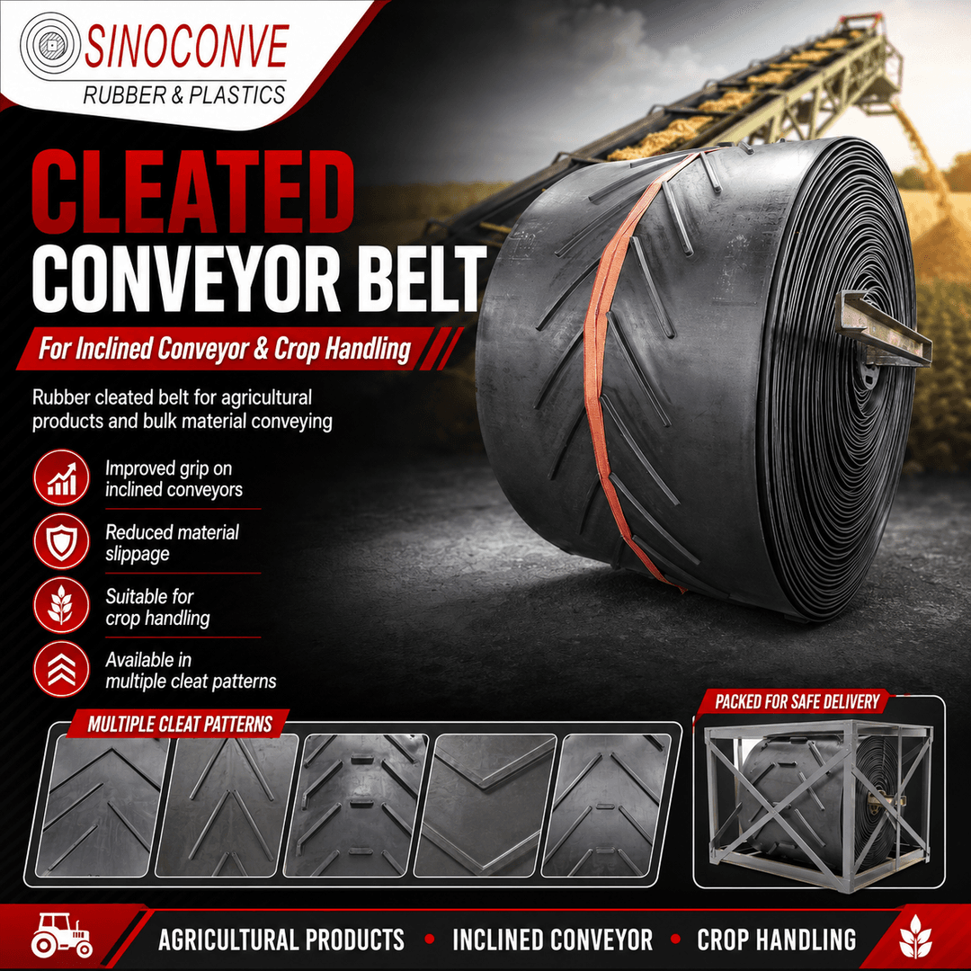 Cleated Conveyor Belt Guide for Inclined Crop Handling
